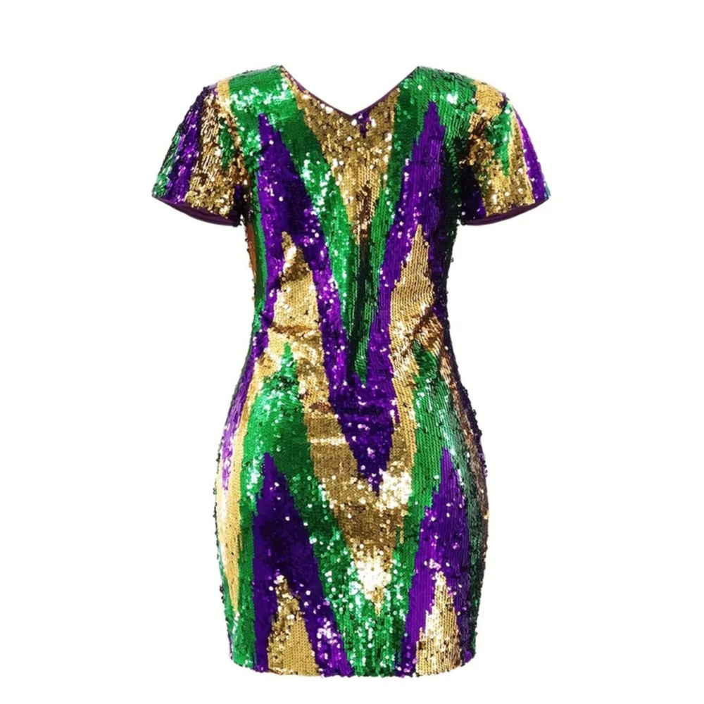 Sequin Mardi Gras Purple, Green and Gold Mini Dress - Picture 4 of 7